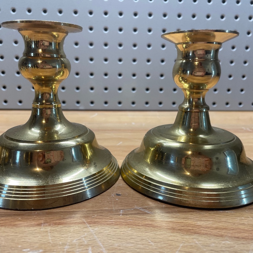 Two Short Gold Candlestick Holders
